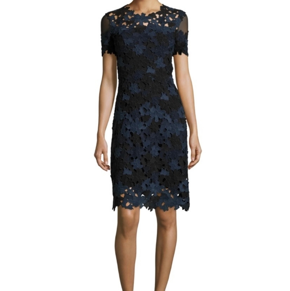 Elie Tahari Navy Black Floral Guipure Lace Sheath Dress Short Sleeve Size 4